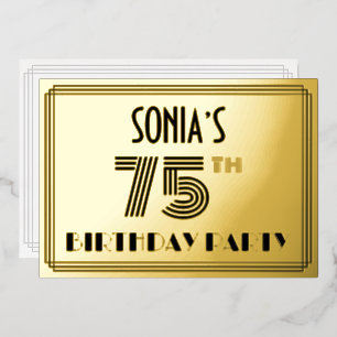 75e verjaardag — Art Deco Style "75" en naam Folie Uitnodiging