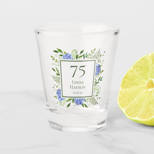 75e verjaardag Blauwe Hortensia's Shot Glas (Voorkant)