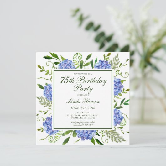 75e verjaardag Blue Hydrangeas Script Kaart (Staand voorkant)