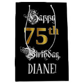 75e verjaardag ~ Fancy script; Faux Gold look; naa Medium Cadeauzakje (Voorkant)