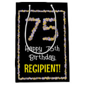75e verjaardag: Floral Flowers Number, Custom Name Medium Cadeauzakje (Voorkant)