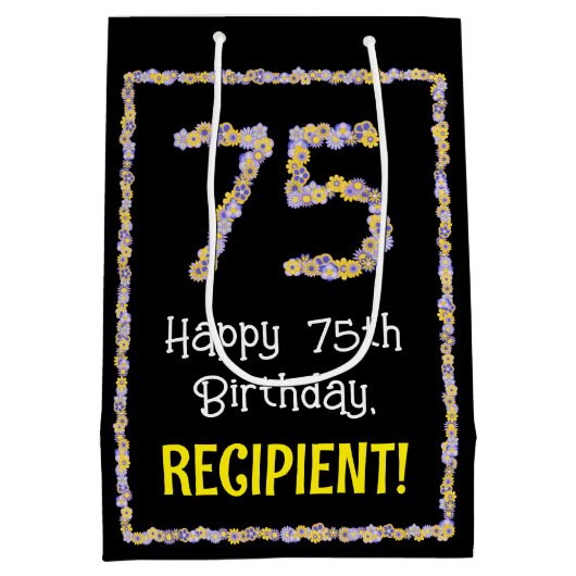 75e verjaardag: Floral Flowers Number, Custom Name Medium Cadeauzakje (Achterkant)