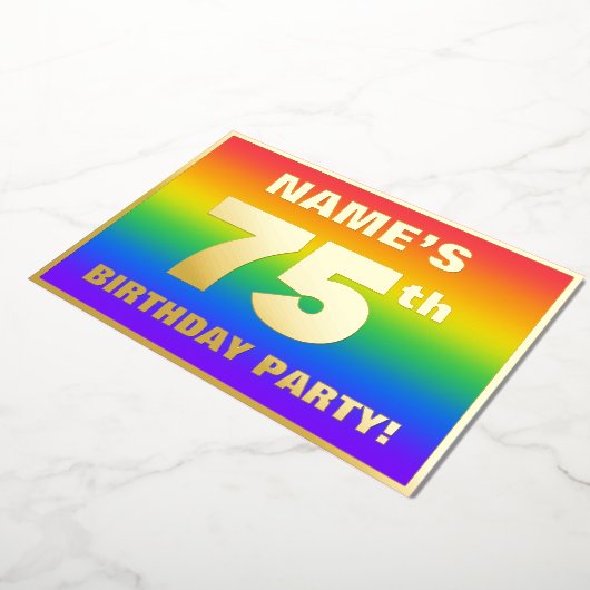 75e verjaardag: Fun, kleurrijk regenboogpatroon Folie Uitnodiging (Gedraaid)