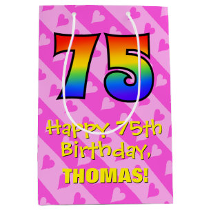 75e verjaardag: Fun Pink Hearts Stripes; Rainbow 7 Medium Cadeauzakje