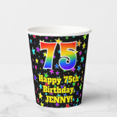 75e verjaardag: Fun Stars Pattern en Rainbow 75 Papieren Bekers (Achterkant)