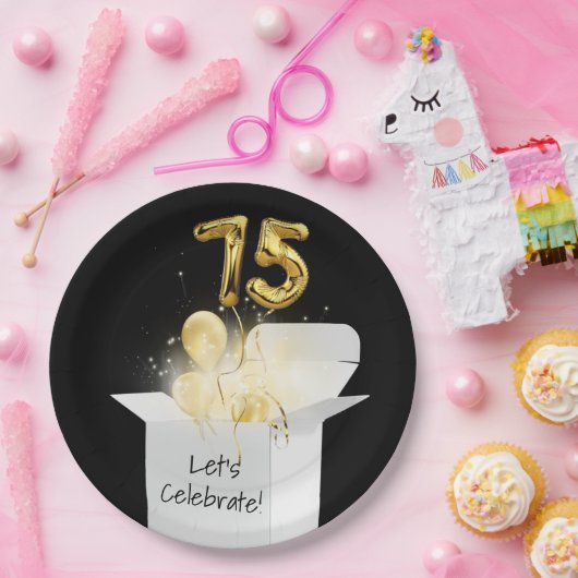 75e verjaardag goudballonnen in witte doos papieren bordje (Feest)