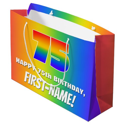 75e verjaardag: kleurrijk, vun regenboogpatroon # groot cadeauzakje (Achterkant Gekanteld)