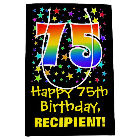 75e verjaardag: Kleurrijke Sterren Patroon & Regen Medium Cadeauzakje (Voorkant)