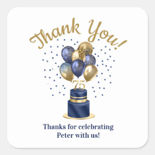 75e verjaardag Navy Blauwe Ballon Cake Bedankt Vierkante Sticker