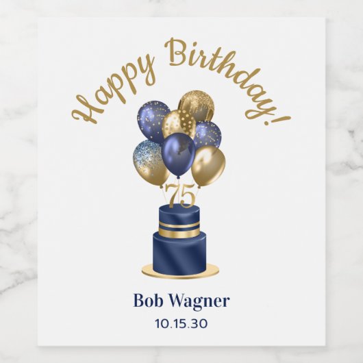 75e verjaardag Navy Blue Balloon Cake Wijn Etiket (Enkel label)
