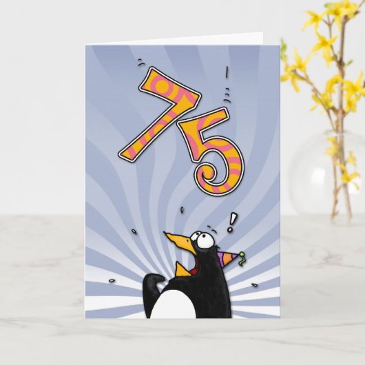 75e verjaardag - Penguin Surprise Kaart (Gele Bloem)