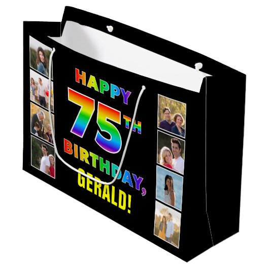75e verjaardag: regenboogtekst, aangepaste foto's groot cadeauzakje (Voorkant Gekanteld)