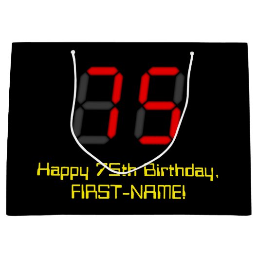 75e verjaardag: Rode digitale klok stijl "75" + na Groot Cadeauzakje (Voorkant)