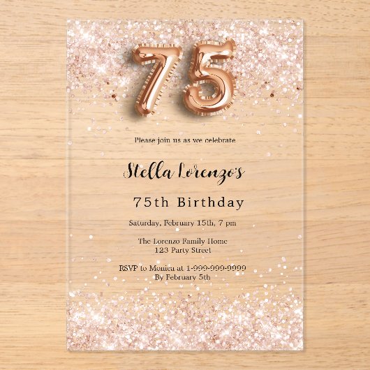 75e verjaardag roos gouden confetti Clear Acryl Uitnodigingen (Voorkant)