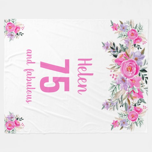 75e verjaardag roze floral fleece deken (Voorkant (Horizontaal))