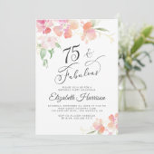 75e verjaardag Roze Floral Waterverf Partij Kaart (Staand voorkant)