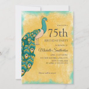 75e verjaardag Teal Geel Aquarel Pauw Kaart