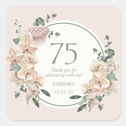 75e verjaardag tropische bloemen dank u vierkante sticker (Voorkant)
