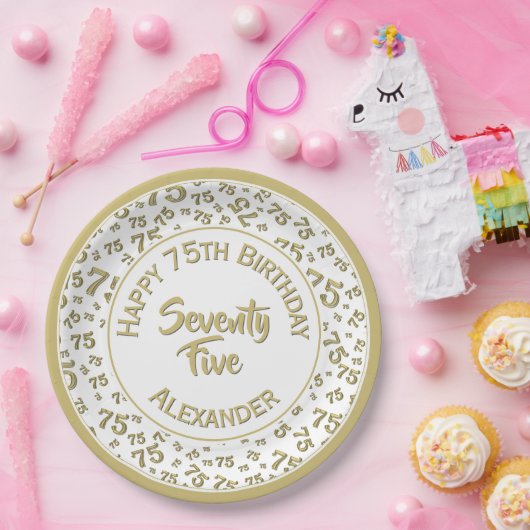 75e verjaardag Willekeurig nummer Patroon Goud/Wit Papieren Bordje (Feest)