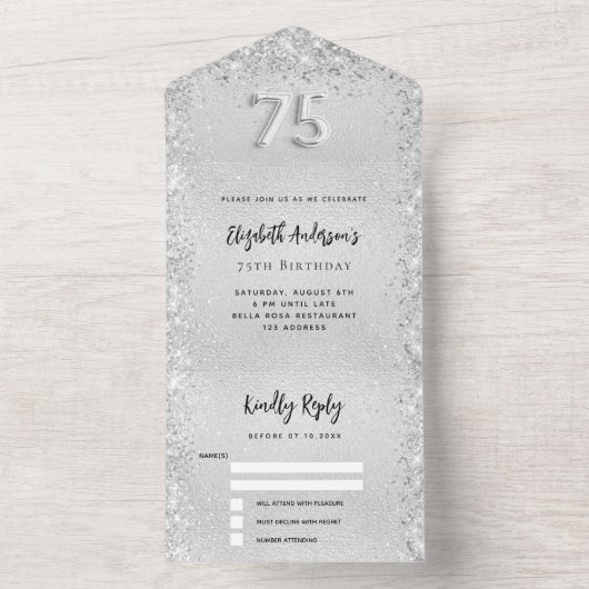 75e verjaardag zilveren glitter verjaardag RSVP All In One Uitnodiging (Binnen)