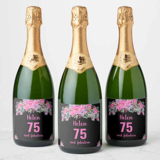 75e verjaardag zwart roze bloemen sparkling wijnetiket (Flessen)
