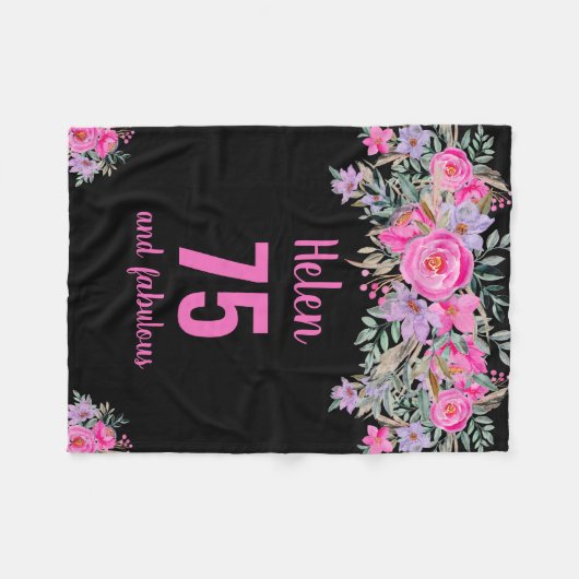 75e verjaardag zwart roze bloemenfleece deken (Voorkant (Horizontaal))