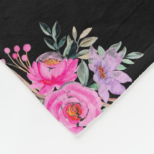 75e verjaardag zwart roze bloemenfleece deken (Hoek)