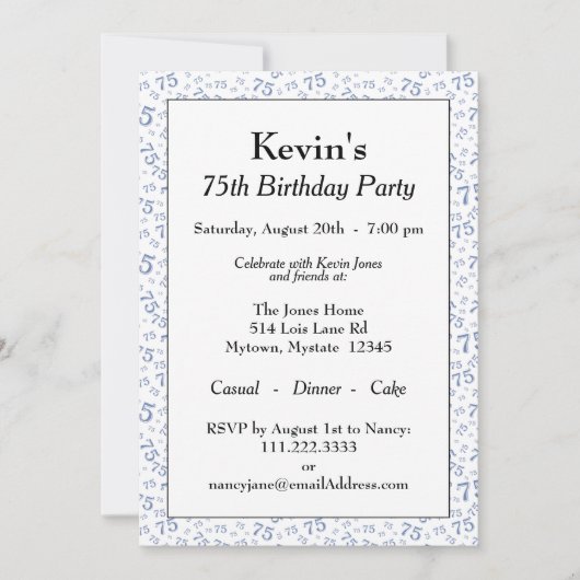 75e Verjaardagsfeest Blauw en Wit Getal Patroon Kaart (Voorkant)