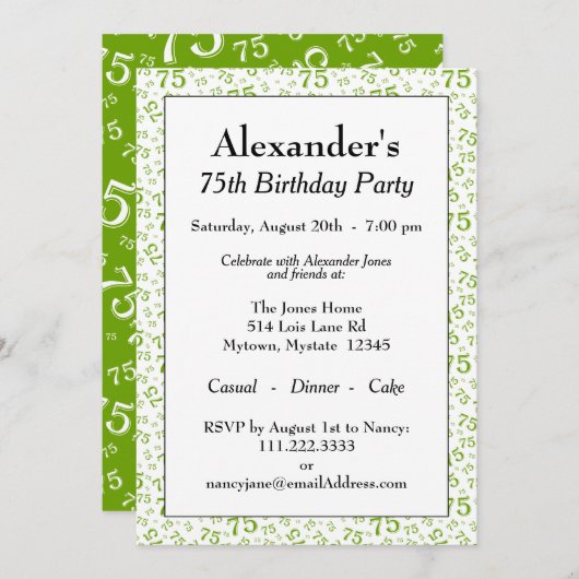 75th Birthday Party Green and White Number Pattern Kaart (Voorkant / Achterkant)