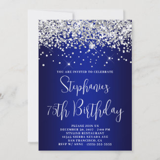 75th Birthday Silver Glitter Royal Blue Navy Ombre Kaart