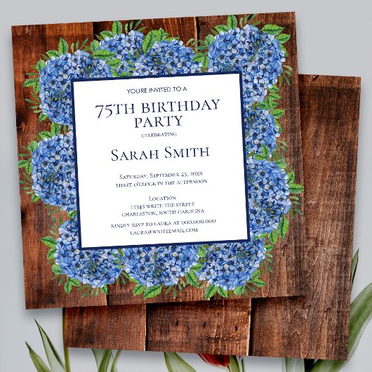 75th Birthday Wood Blue Hydrangeas Rustic Party Kaart