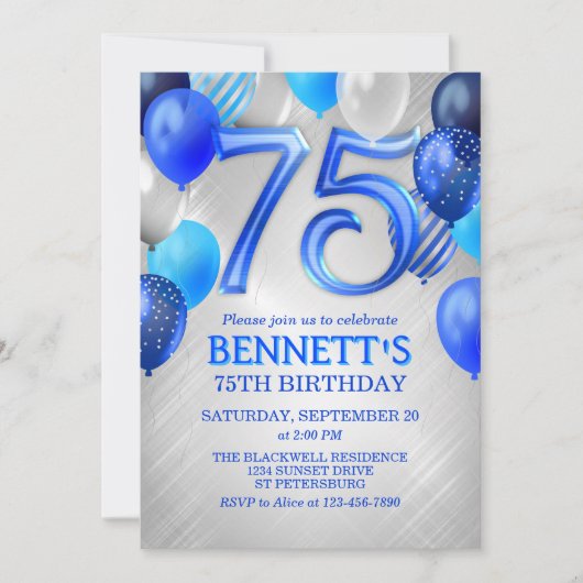 75th Mens Blue Birthday Invitation (Devant)