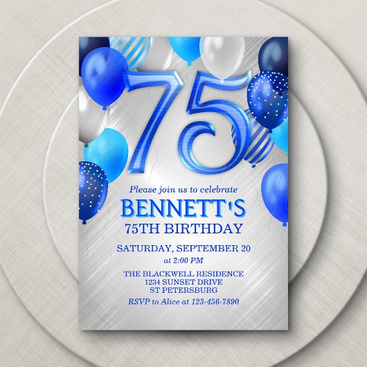 75th Mens Blue Birthday Invitation