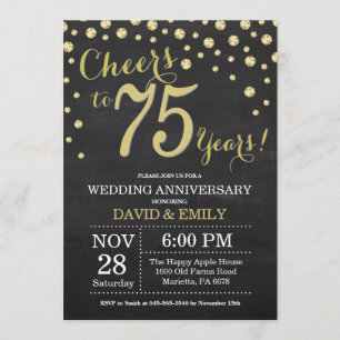 75th Wedding Jubileum Chalkboard Black en Gold Kaart
