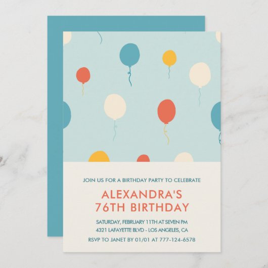 76e anniversaire invitations Balloons Moderne (Devant / Derrière)