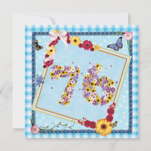 76e fête d'anniversaire Invitation fleurs, papillo (Devant)
