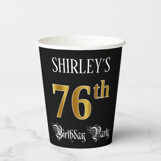 76e verjaardag — Fancy script, Faux Gold look Papieren Bekers (Achterkant)