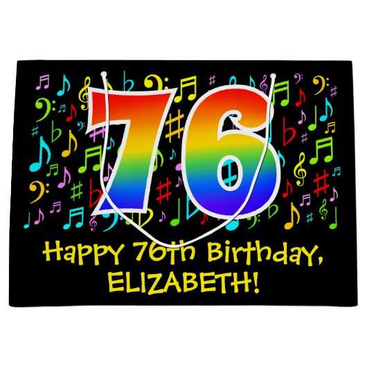 76e verjaardag - Kleurrijke muzieksymbolen, Rainbo Groot Cadeauzakje (Voorkant)