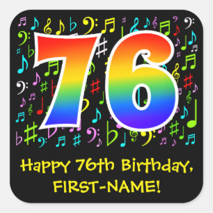 76e verjaardag: Kleurrijke muzieksymbolen, regenbo Vierkante Sticker