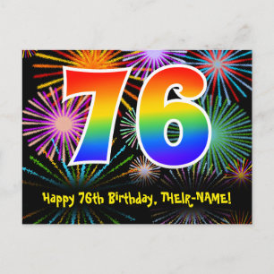 76e verjaardag – leuk vuurwerkpatroon + regenboog  briefkaart