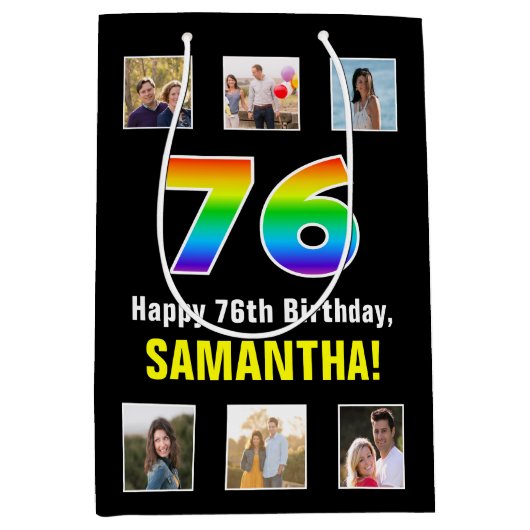 76e verjaardag: Regenboog "76", Aangepaste foto's  Medium Cadeauzakje (Voorkant)