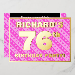 76e verjaardag — vuurroze harten en strips folie uitnodiging
