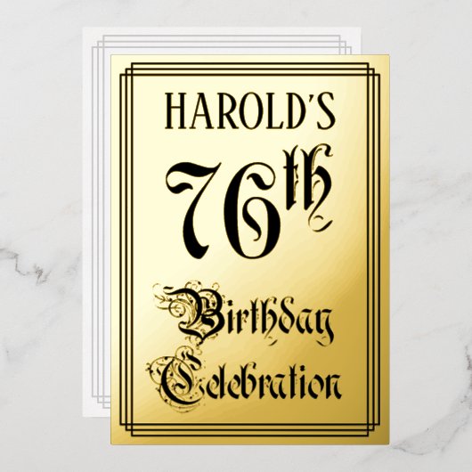 76th Birthday Party — Elegant Script + aangepaste  Folie Uitnodiging (Voorkant / Achterkant)