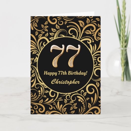 77e Birthday Black en Gold Floral Pattern Kaart (Voorkant)