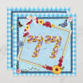 77e fête d'anniversaire Invitation fleurs, papillo (Devant / Derrière)