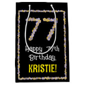 77e verjaardag: Floral Flowers Number, Custom Name Medium Cadeauzakje (Voorkant)