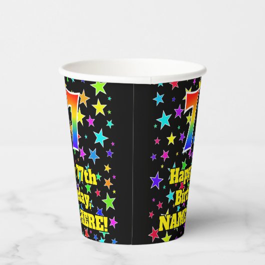 77e verjaardag: Fun Stars Pattern en Rainbow 77 Papieren Bekers (Rechts)