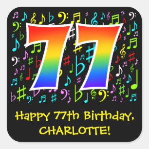 77e verjaardag: Kleurrijke muzieksymbolen, regenbo Vierkante Sticker