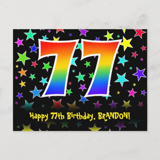 77e verjaardag: leuk sterrenpatroon, regenboog 77, briefkaart (Voorkant)