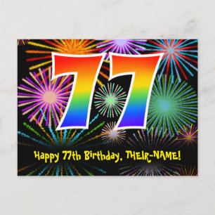 77e verjaardag – leuk vuurwerkpatroon + regenboog  briefkaart